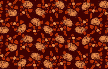 Seamless wallpaper pattern of pumpkins on the vine with leaves 