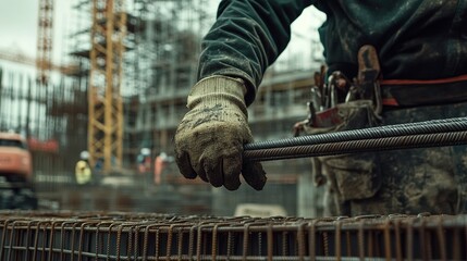 A focused construction worker gripping steel rebar with gloved hands, standing amid an active construction site, surrounded by scaffolding and cranes in the distance