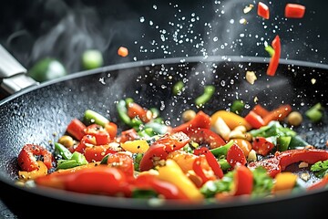 Sliced bell peppers are frying in a black pan, with steam rising and oil splashing. The image evokes the feeling of a busy kitchen and the preparation of a delicious meal
