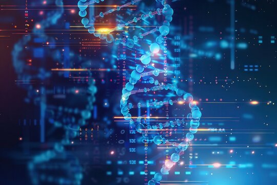 This visual showcases a detailed 3D DNA strand intertwined with vibrant data streams and binary code, illustrating genetic complexity. Generative AI