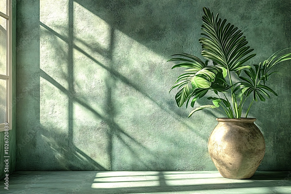 Poster sunlight streams through window, casting geometric shadows in room with calming green wall and large