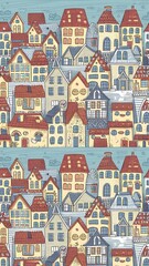 Houses seamless ornament. Cute vector background with doodle city