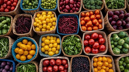 aerial view of a local market filled with colorful vegetables arranged in baskets, highlighting the diversity of produce.