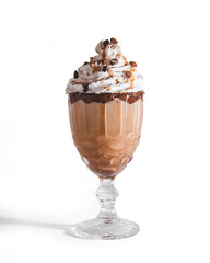 Coffee drink with cacao seeds and chantilly on a white background.