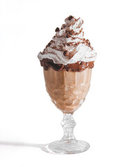 Coffee drink with cacao seeds and chantilly on a white background.