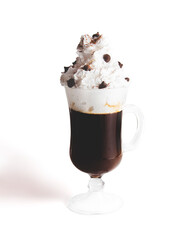 Coffee drink with cacao seeds and chantilly on a white background.