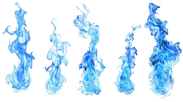 Blue Flames Dancing in Varied Shapes Against a White Background Generative AI