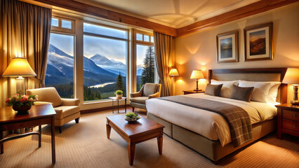 Naklejka premium A cozy hotel room with a large bed and a panoramic window overlooking the mountains.