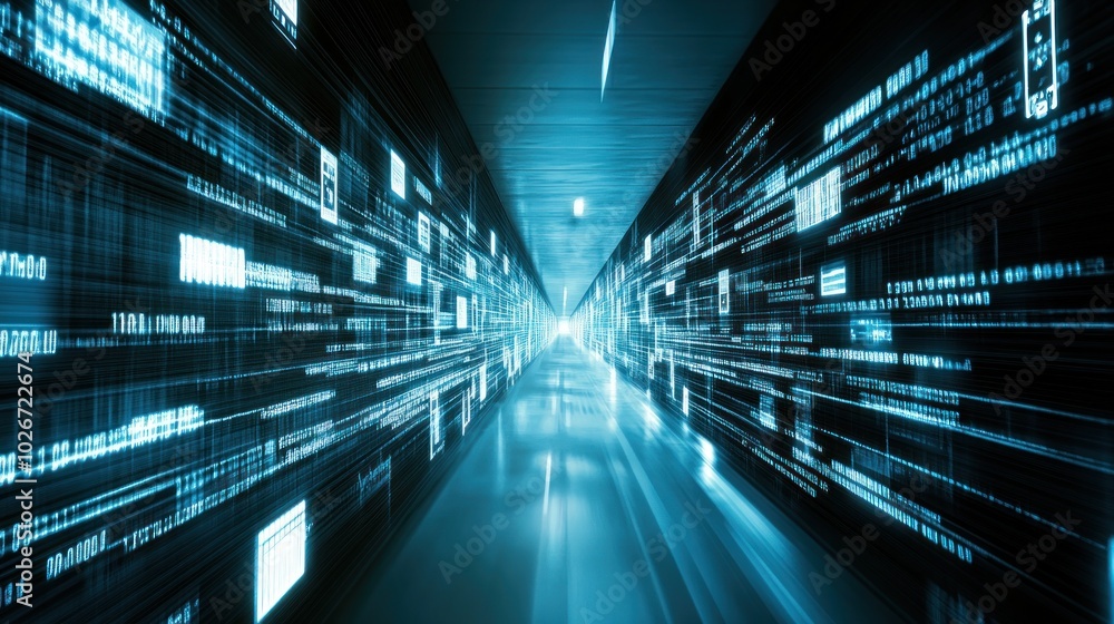 Fototapete abstract digital corridor with blue and white binary code