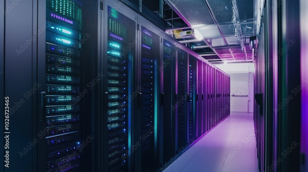 Poster server racks in a data center with purple and blue lighting