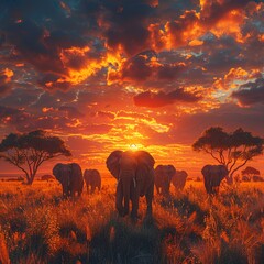 Fototapeta premium African Elephants Migration at Dramatic Sunset