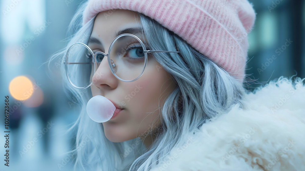 Wall mural female portrait of a trendy young woman blowing a bubble with chewing gum, showcasing her beautiful 