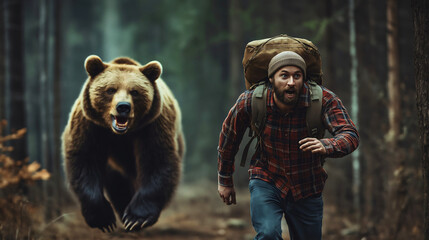 Scared man runs away from a furious bear in the forest, showcasing the dangers of wildlife in nature camper faces a terrifying adventure in the wild, surrounded by trees and driftwood