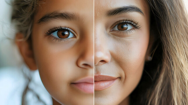 portrait transition of girl to woman, showcasing happy young female smiling through different ages, close-up of beautiful face and natural look, from child to mature adult, capturing lifestyle and bea