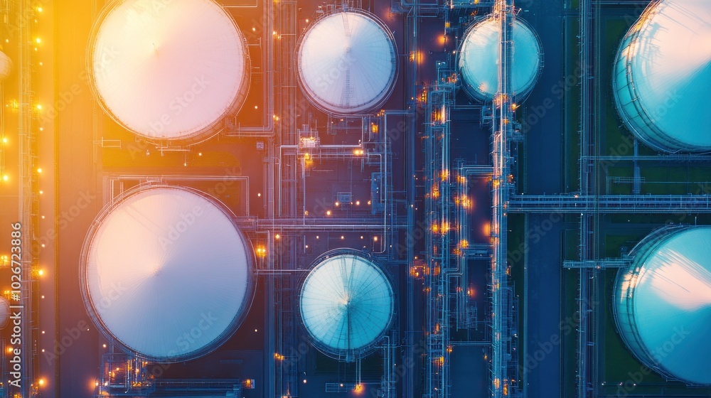 Poster aerial view of an industrial complex with storage tanks and pipelines