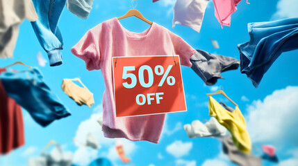 Spring sale promotion banner offering discounts on clothes t shirt in the air with blue skies and clouds, consumerism and shopping with stylish outfits at 50% off for casual elegant fashion purchasing