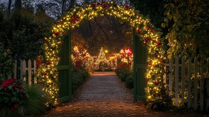 Fototapeta premium A green archway bedecked with Christmas decorations stands before a picket fence. Behind the fence, a festive display of lights and ornaments creates a warm and inviting atmosphere.