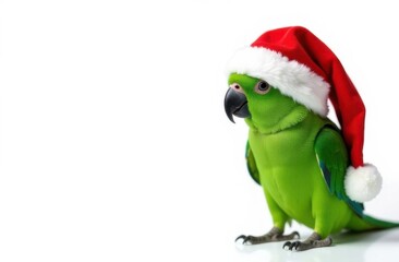 Green parrot wearing santa hat for christmas festivities