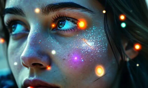 A woman's face is covered in a galaxy of stars Video