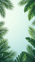 Tropical palm leaves bordering a pastel blue sky background
