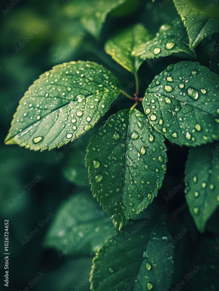 Wall mural Vibrant green leaves glisten with droplets, showcasing nature's beauty and freshness in a serene, lush environment. Generative AI