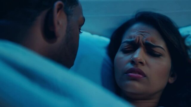 Dissatisfied couple in bed, erectile dysfunction concept.