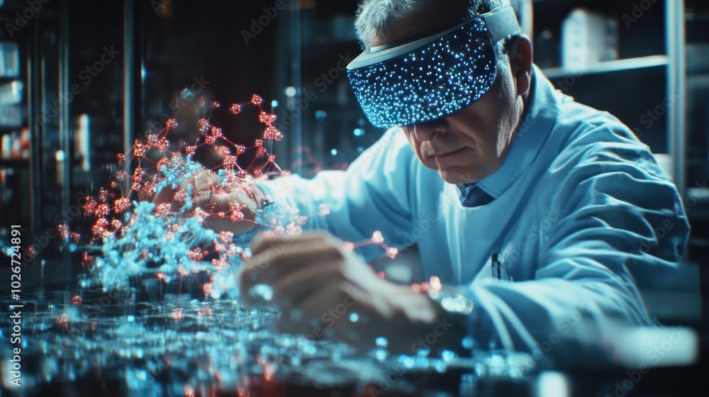 Aufkleber scientist using vr headset to analyze molecular structure