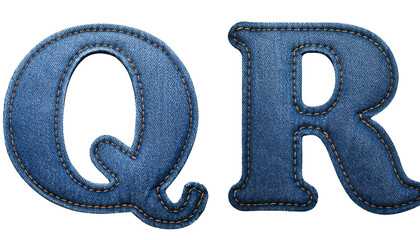 D Letters Q R Realistic Sewn Denim Fabric Alphabet Isolated on White