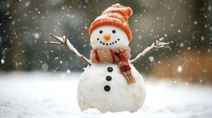 Fototapeta premium A snowman stands in the winter snow. It has a carrot nose, hat, scarf, and coal buttons. Stick arms reach out. The background is blurry.