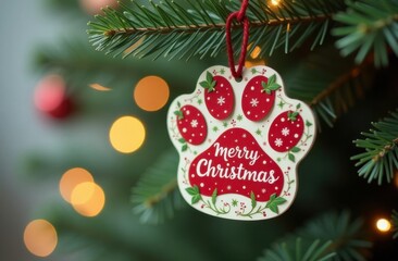 Christmas tree decorated with paw shaped ornament wishing merry christmas