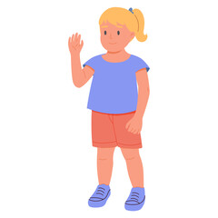 Cute little girl say hello with young sister. School kid say hello greeting good morning to each other. Cute child girl