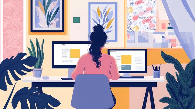 Woman Working at a Desk with Two Computer Monitors and Plants