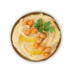 Delicious hummus with olive oil, chickpeas and parsley isolated on white, top view