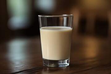 a glass of fresh milk on a wooden table