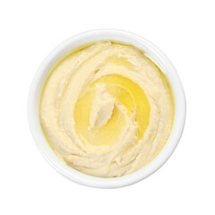 Delicious hummus with olive oil isolated on white, top view