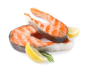Tasty grilled salmon steaks, lemon and rosemary isolated on white