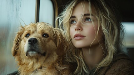 Young blonde woman and her loyal golden retriever dog look out the window of a vehicle on a cloudy day, showing love and companionship on a road trip adventure