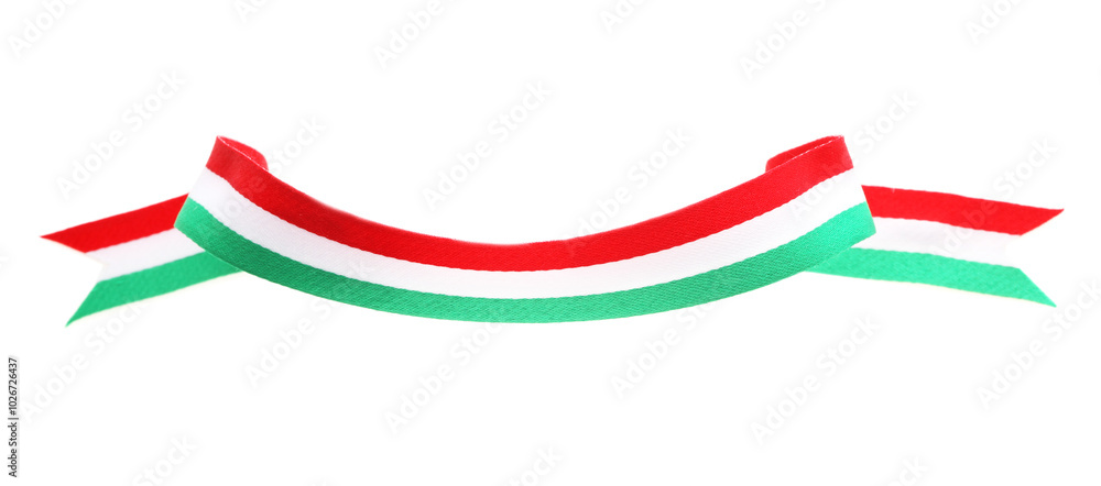 Poster Ribbon in colors of Italian flag isolated on white, top view