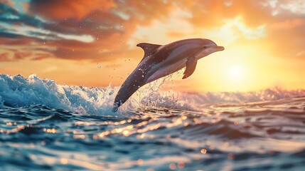 A playful dolphin leaping above the sparkling ocean waves under a vibrant sunset