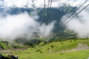Cable car view traveling from Mannlichen to Wengen Switzerland