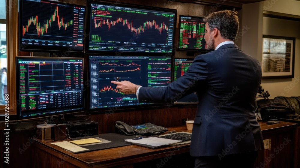 Poster businessman analyzing stock market data on multiple monitors