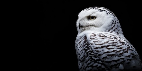 Fototapeta premium A white owl is staring at the camera. The image is black and white, and the owl is the main focus. The owl's eyes are large and intense, and it is looking directly at the viewer