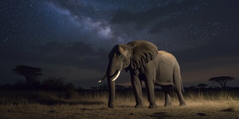 Fototapeta premium A large elephant stands in a field at night, surrounded by stars. The scene is serene and peaceful, with the elephant being the only living creature in the image