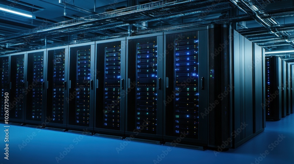 Poster Row of lit server racks in a data center