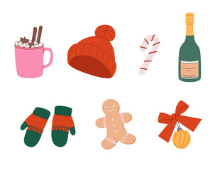 Set of Christmas festive elements for design. Holiday Decoration hat, cone toy, christmas drink, xmas candy cane