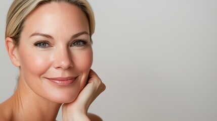 Fototapeta premium An elegant Russian woman in her 30s with long smiling gently, skin care concept