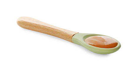 Delicious baby food in spoon isolated on white