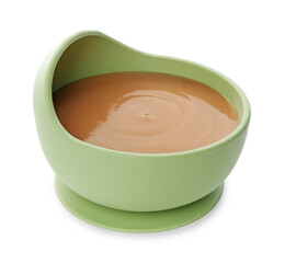 Delicious baby food in bowl isolated on white