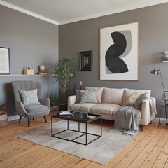 A stylish boho Scandinavian living room featuring a beige sofa, black coffee table, and large artwork on a grey wall.
