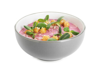 Tasty beetroot hummus and chickpeas in bowl isolated on white